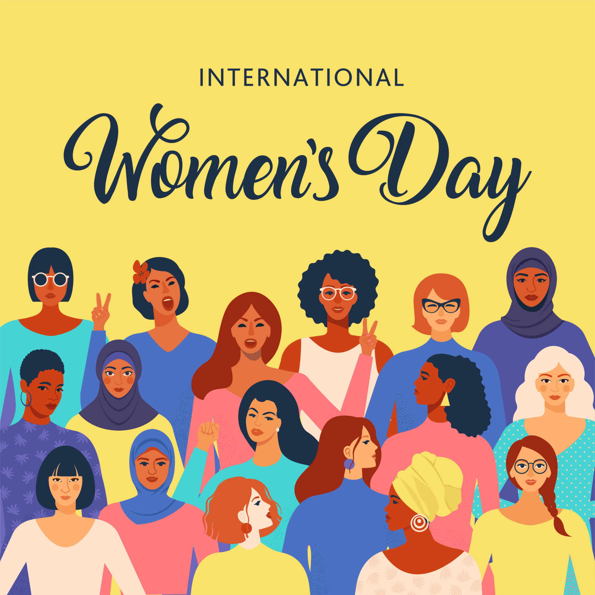 Female diverse faces of different ethnicity poster. Women empowerment movement pattern. International women's day graphic vector.